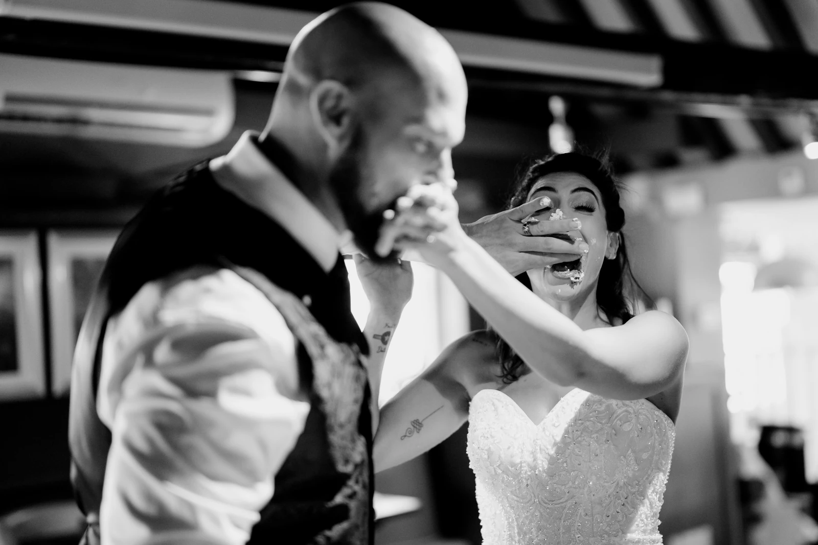 cake feed smash couple cake cut wedding photo brampton mill